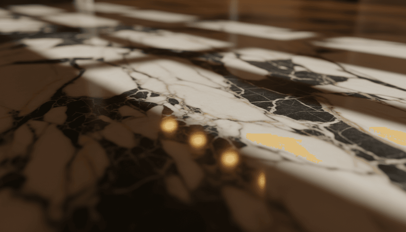 Polished marble floor surface with dramatic lighting emphasizing mirror-like finish