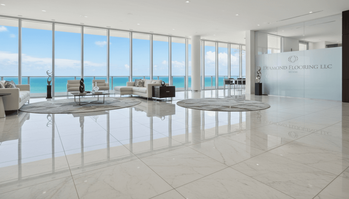 Luxurious polished marble floor with high-gloss finish in a modern Miami interior.