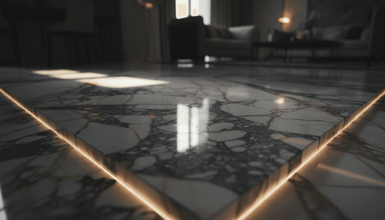 Close-up of polished marble floor with mirror-like finish and veining