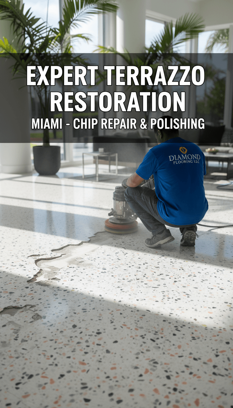 Close-up of terrazzo floor restoration showing seamless finish after chip repair and polishing