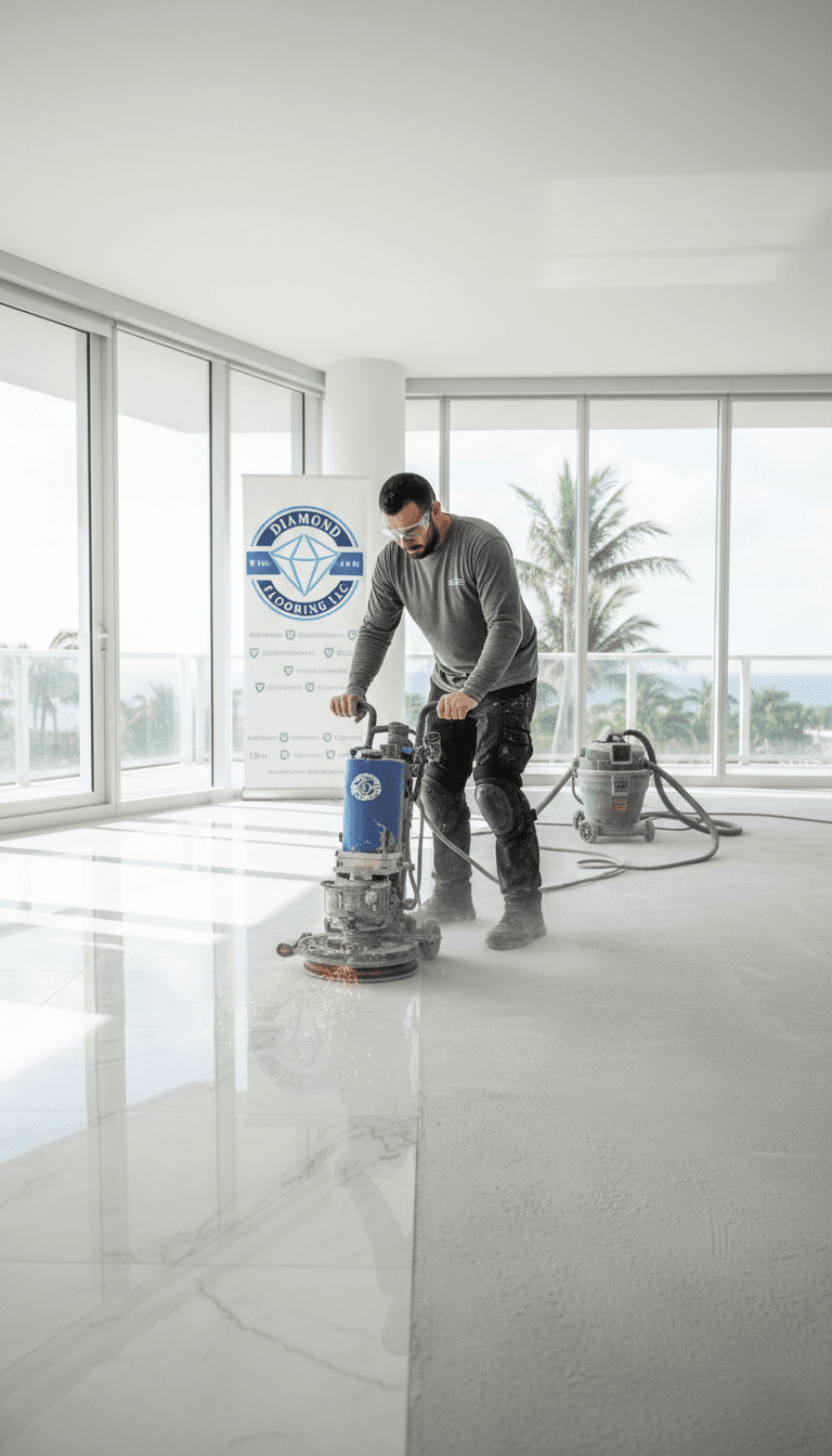Glossy epoxy-coated concrete floor in a spacious commercial warehouse with industrial design elements.