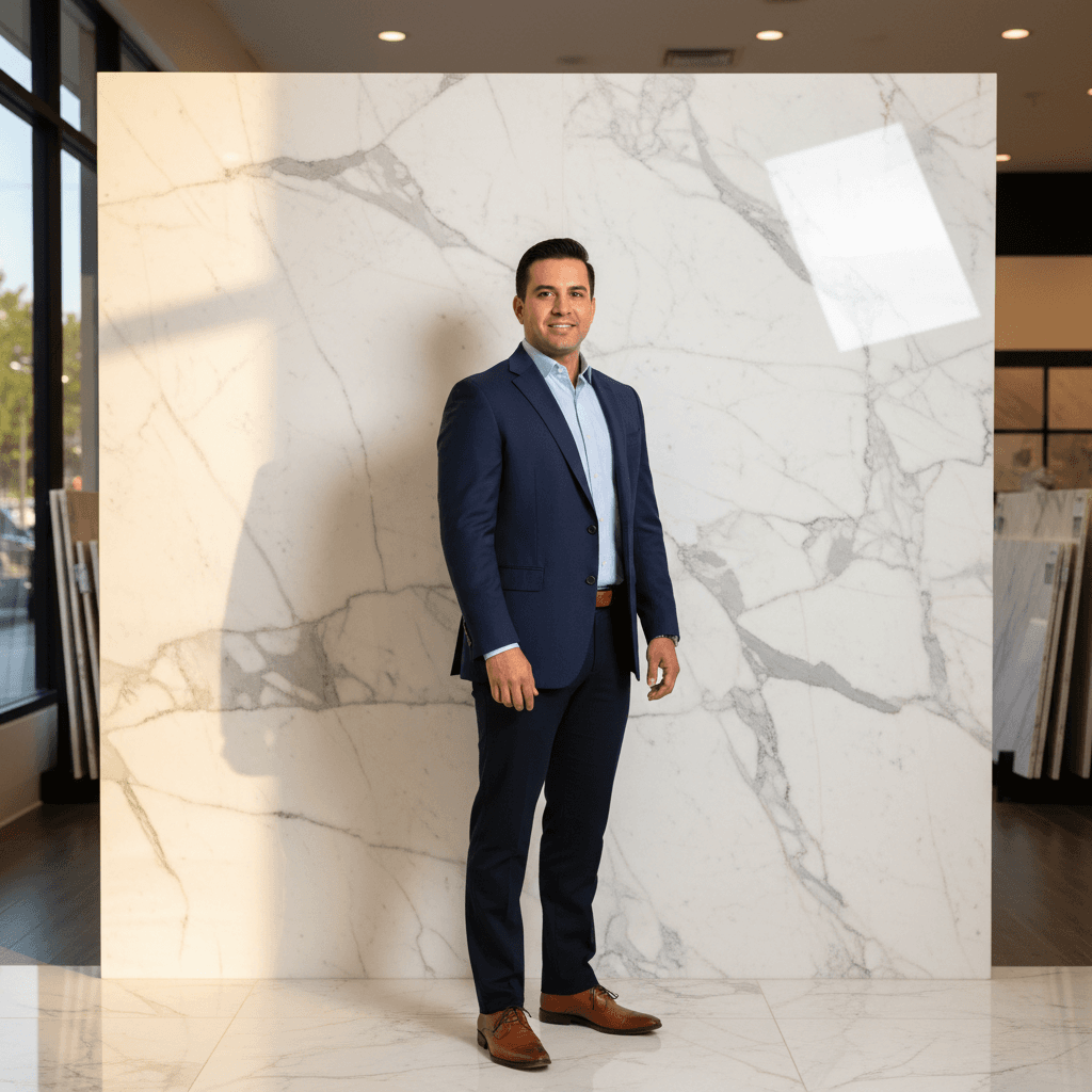 Edison Colmenares, founder of Diamond Flooring LLC, in front of a polished marble surface in a Miami showroom.