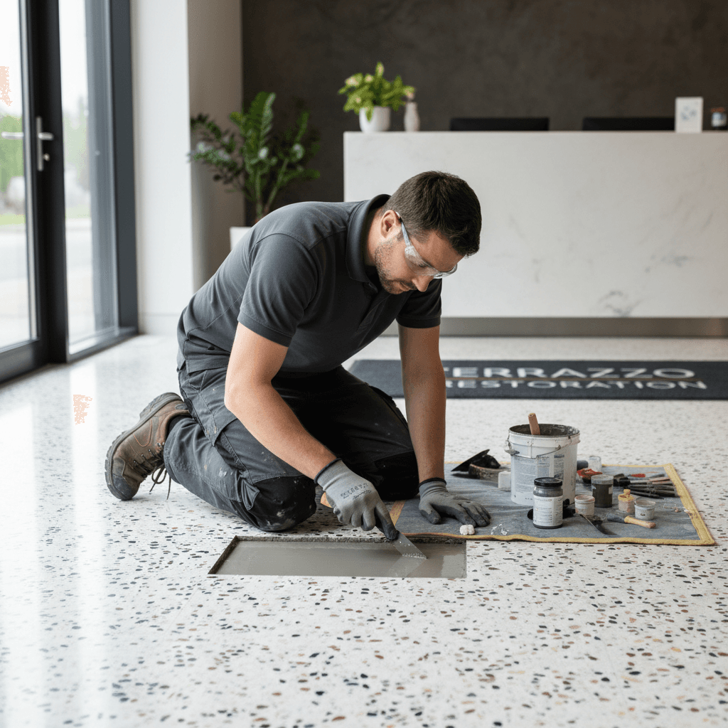 Terrazzo repair and color-matched epoxy fill work