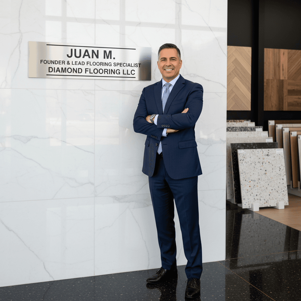 Juan M, Founder at Diamond Flooring LLC, in front of polished marble surface.