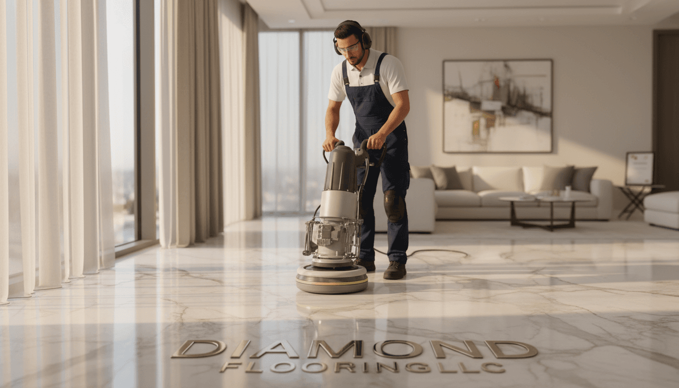 Professional polishing marble floor with golden afternoon light