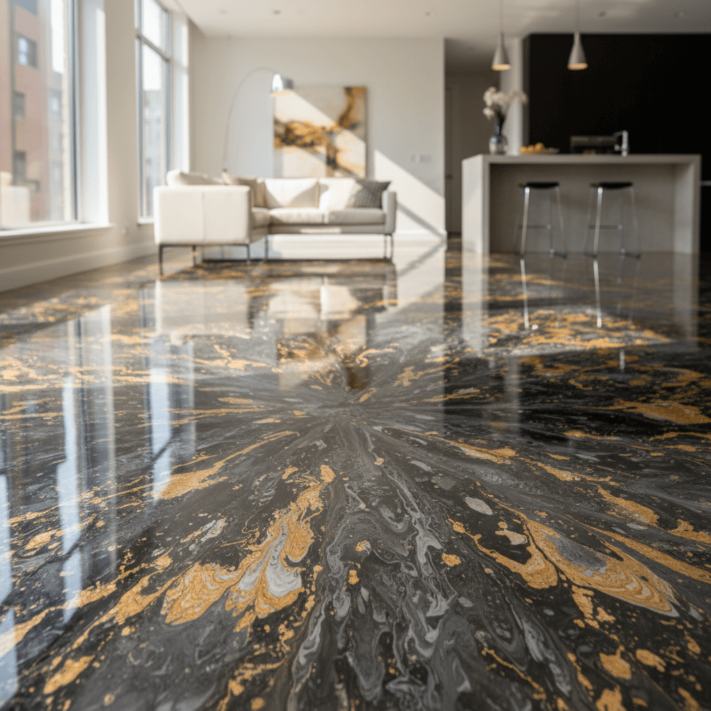 Decorative epoxy flooring with metallic flake detail
