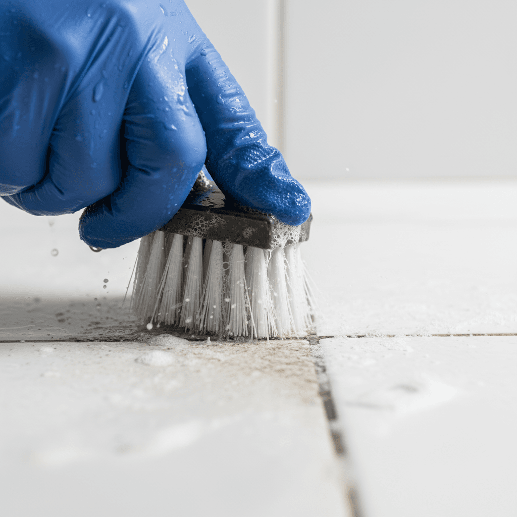 Close-up of gloved hands scrubbing white bathroom tile grout with specialized brush