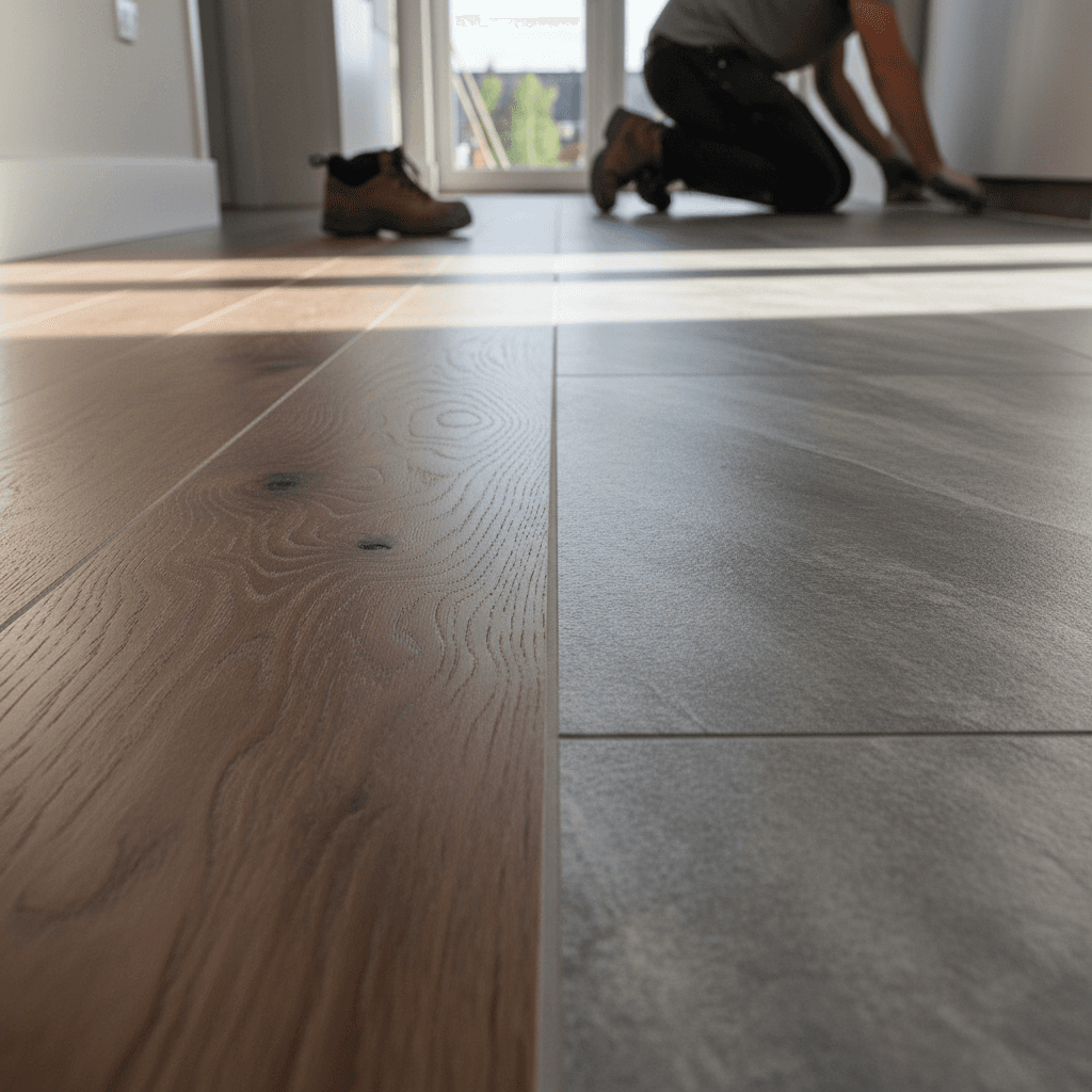 Close-up detail of professionally installed vinyl composite flooring showing wood-grain and stone texture transition with perfect seams
