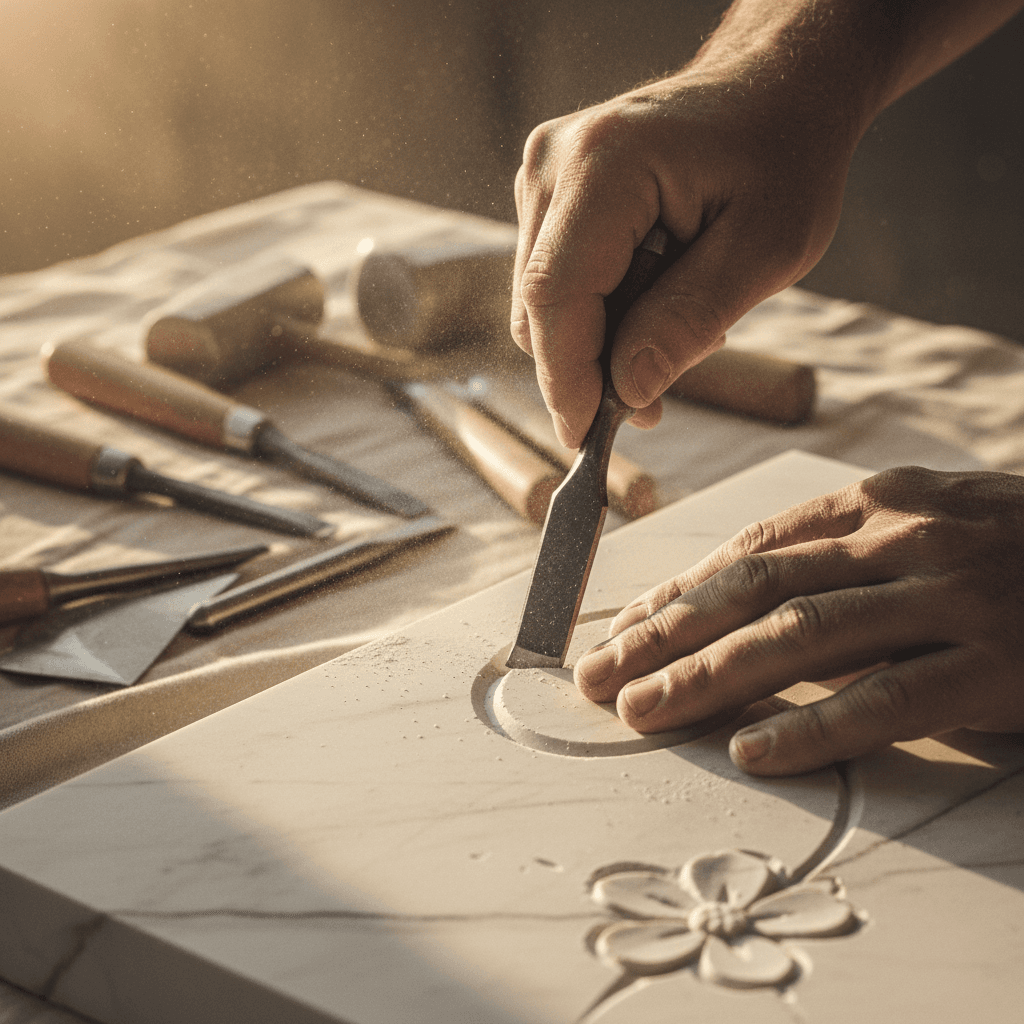 Flooring technician performing diamond grinding on marble surface