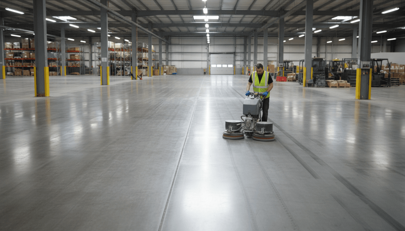 Worker operating floor buffer on warehouse floor, creating polished shine across concrete surfaces under industrial lighting
