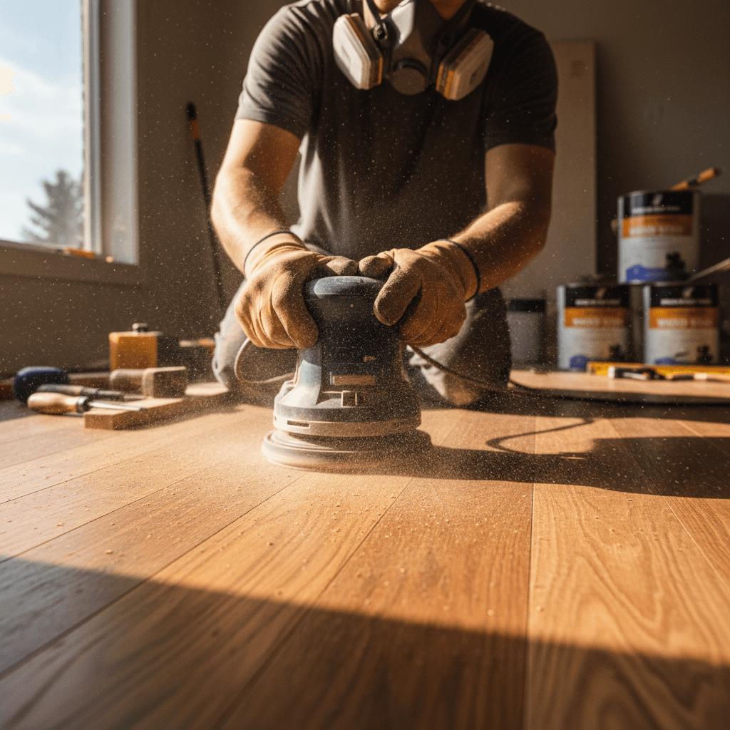 Skilled worker precision-sanding newly installed hardwood floors with rich wood grain texture and natural light