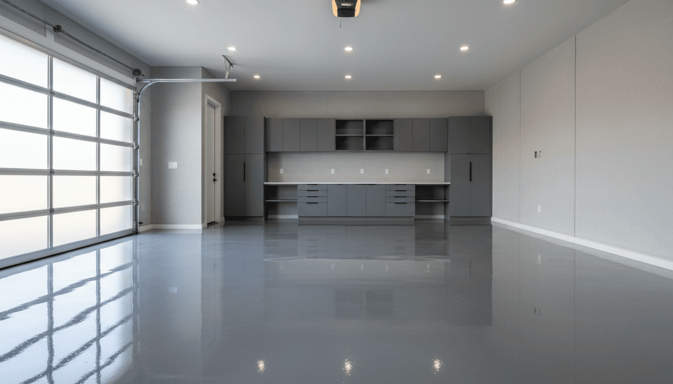 Polished concrete garage floor transformation, from raw concrete to high-gloss reflective epoxy finish