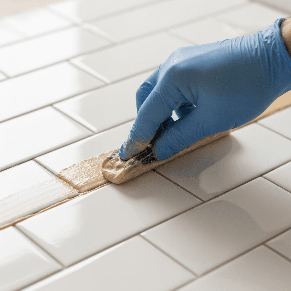 Close-up of professional hand applying epoxy grout between white ceramic tiles using grout float tool
