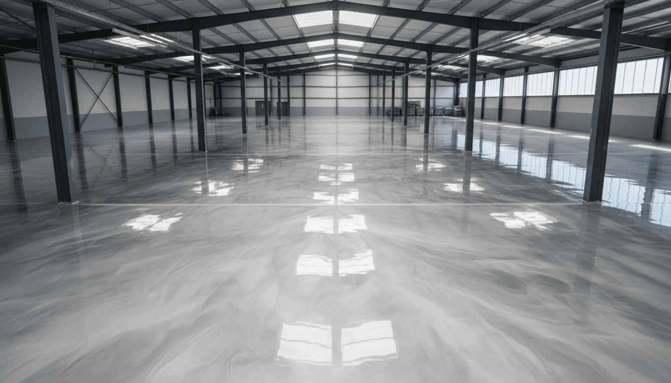 Professional epoxy-coated concrete floor in commercial warehouse with glossy finish and industrial architecture