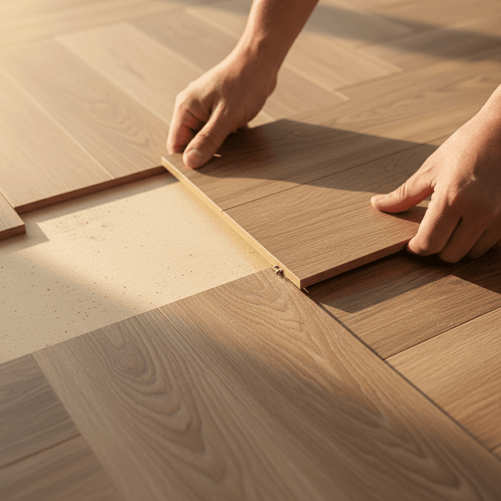 Contractor hands installing luxury vinyl plank flooring showing precise interlocking joint connection